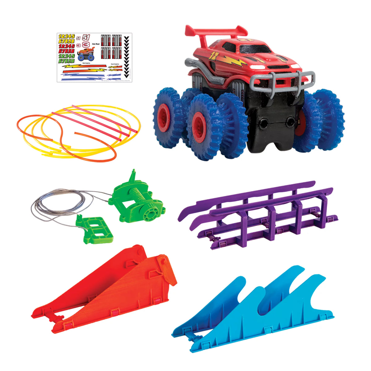 Red monster truck with blue tires, track ropes, ramps, winch and stickers
