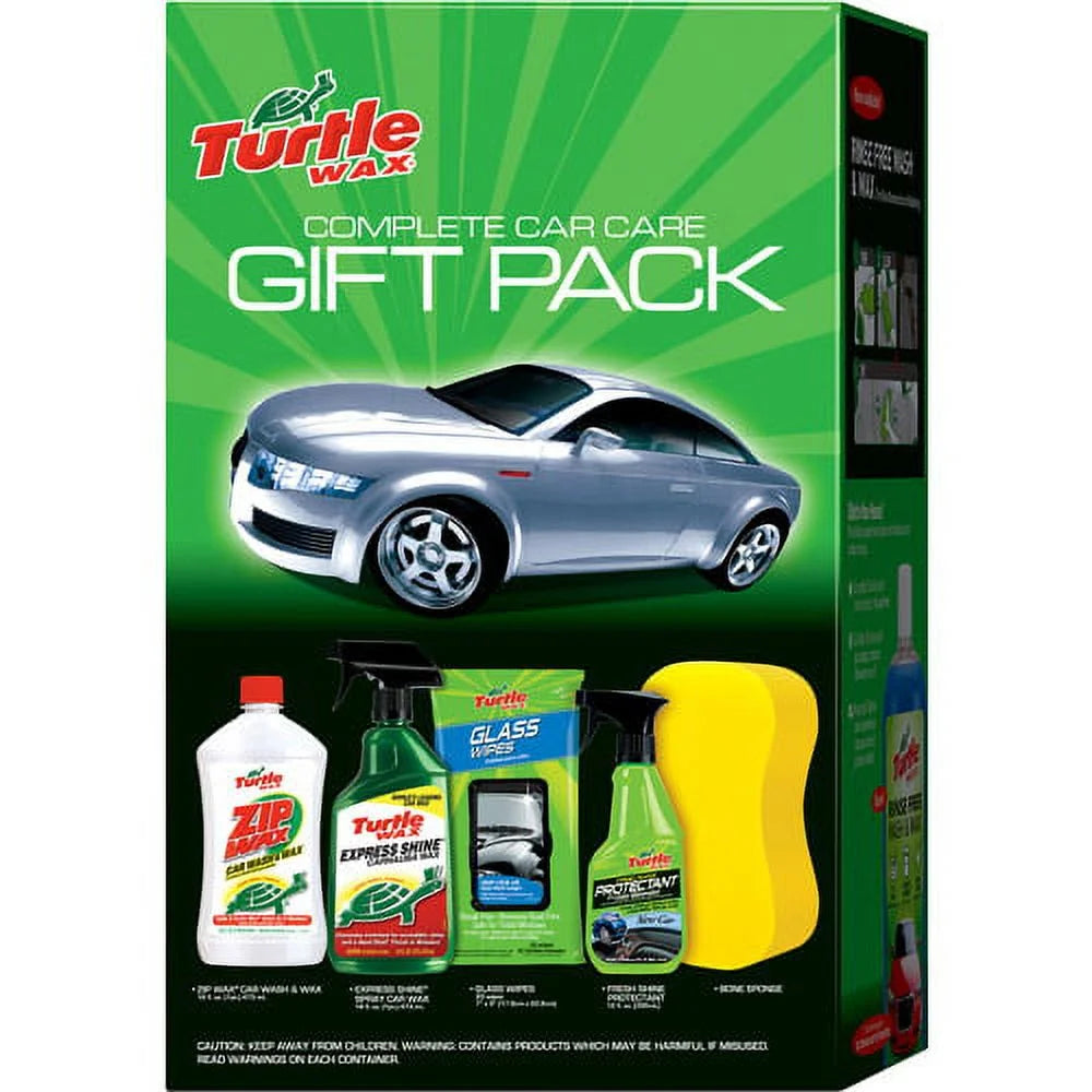 Car care gift pack box with a silver car, car wash, spray wax, glass wipes, protectant and sponge