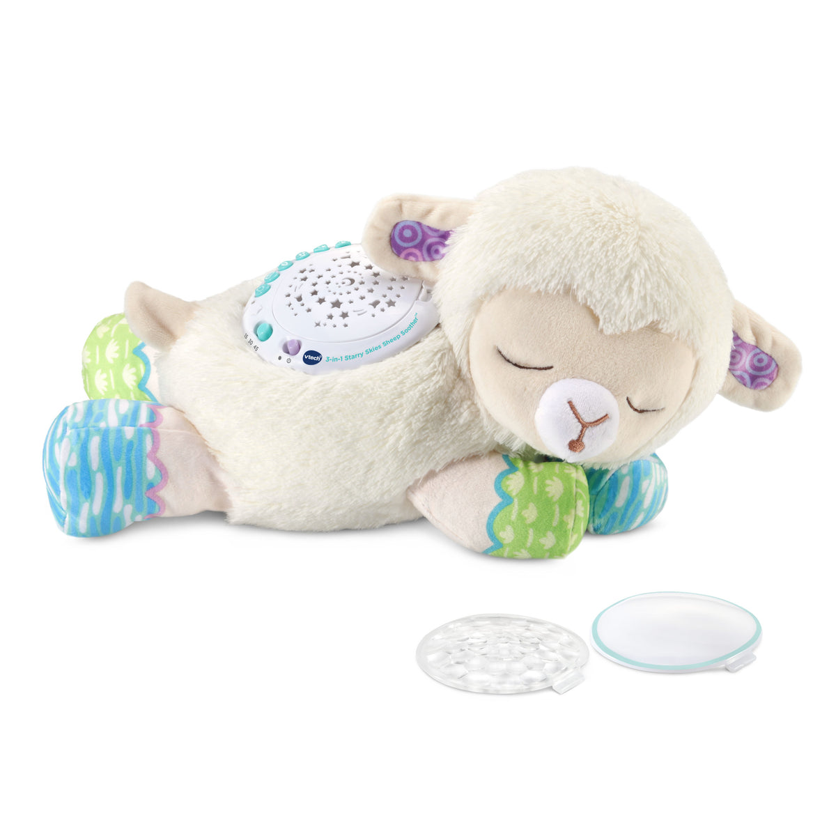 Cream plush lamb with a star projector on its back and two light discs