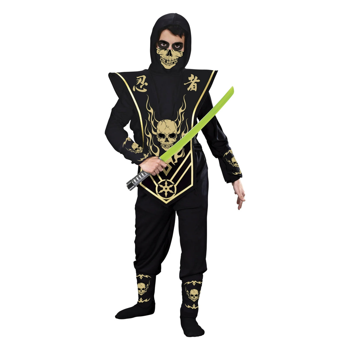 Boy in a black hooded ninja costume with gold skull tunic, skull face mask and shin guards