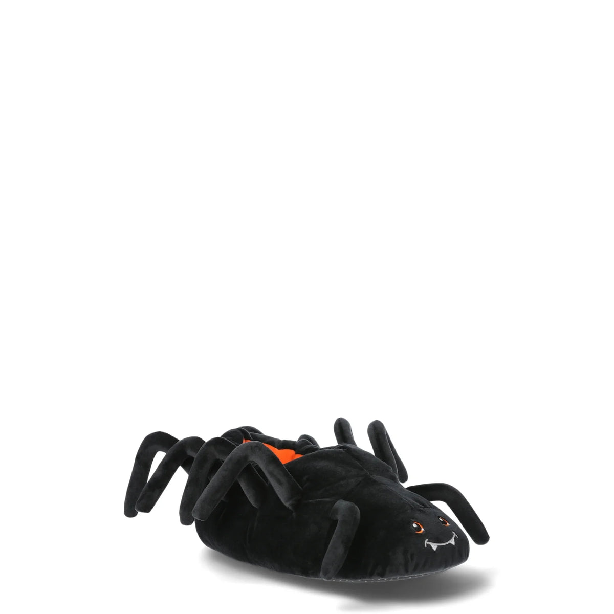 Black plush spider slipper with an embroidered smiling face with fangs and orange eyes