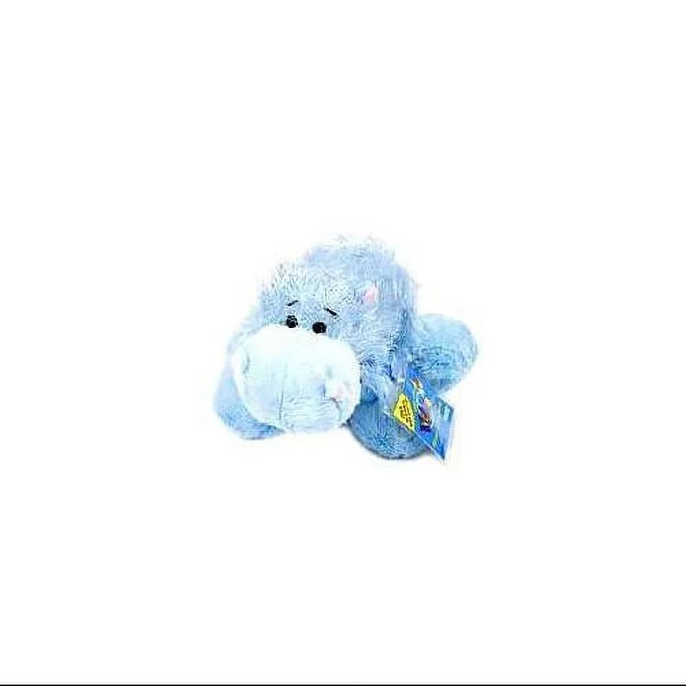 Small fluffy light blue plush hippo lying down with its adoption tag