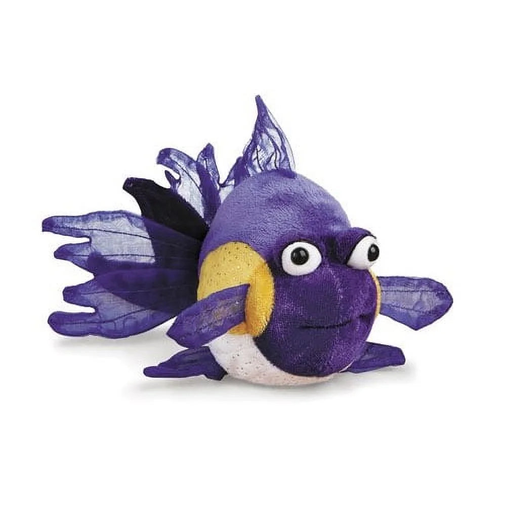 Purple plush fish with a yellow cheek patch, big eyes and sheer purple fins