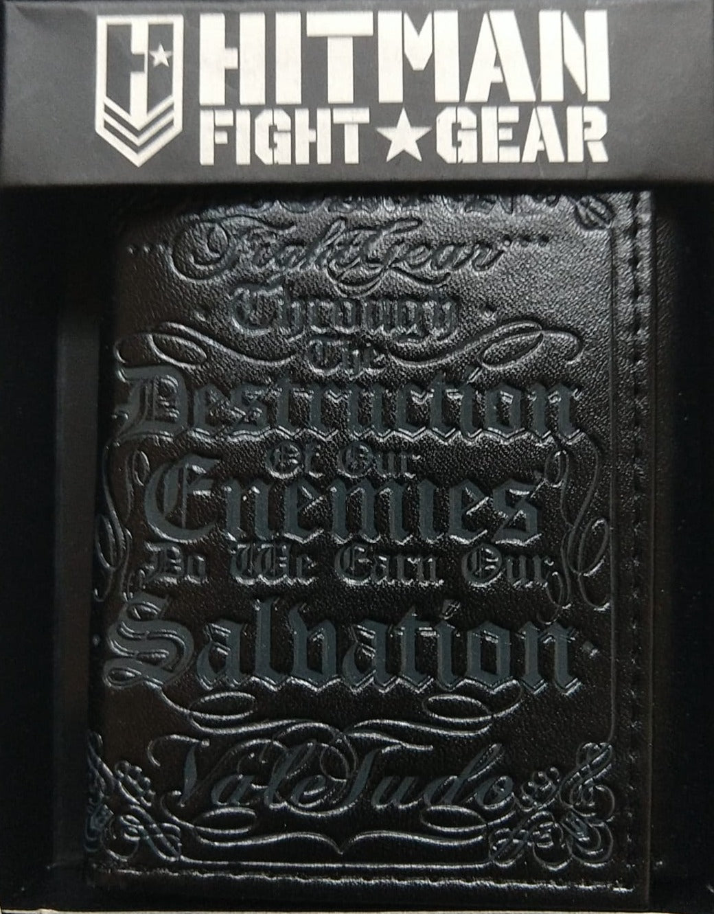 Embossed black wallet in the open gift box, straight-on view