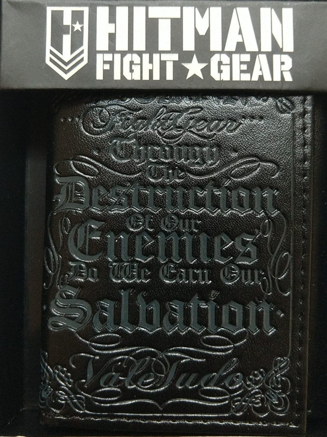 Black trifold wallet embossed with gothic script, in its gift box