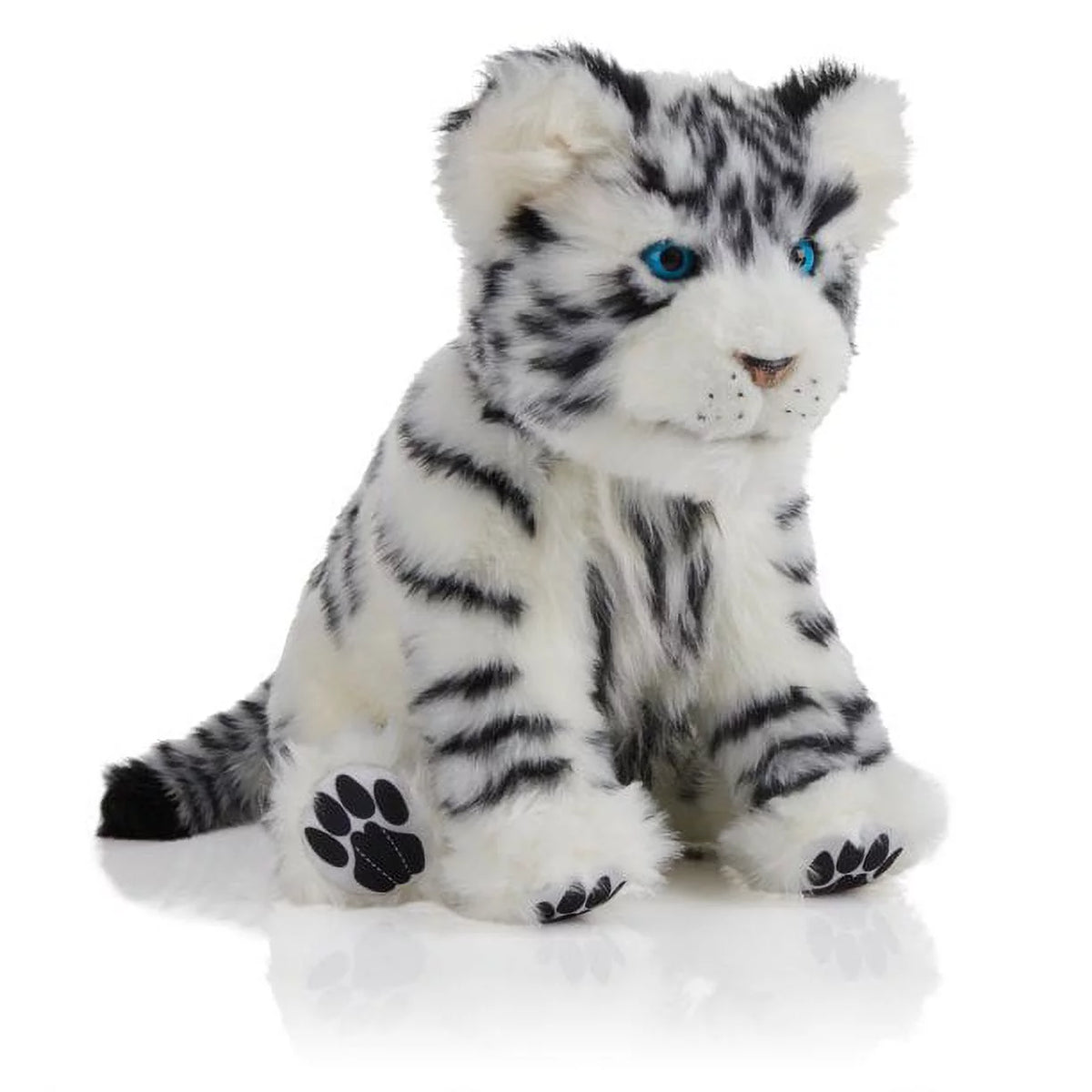 White and black striped tiger cub plush with blue eyes, sitting