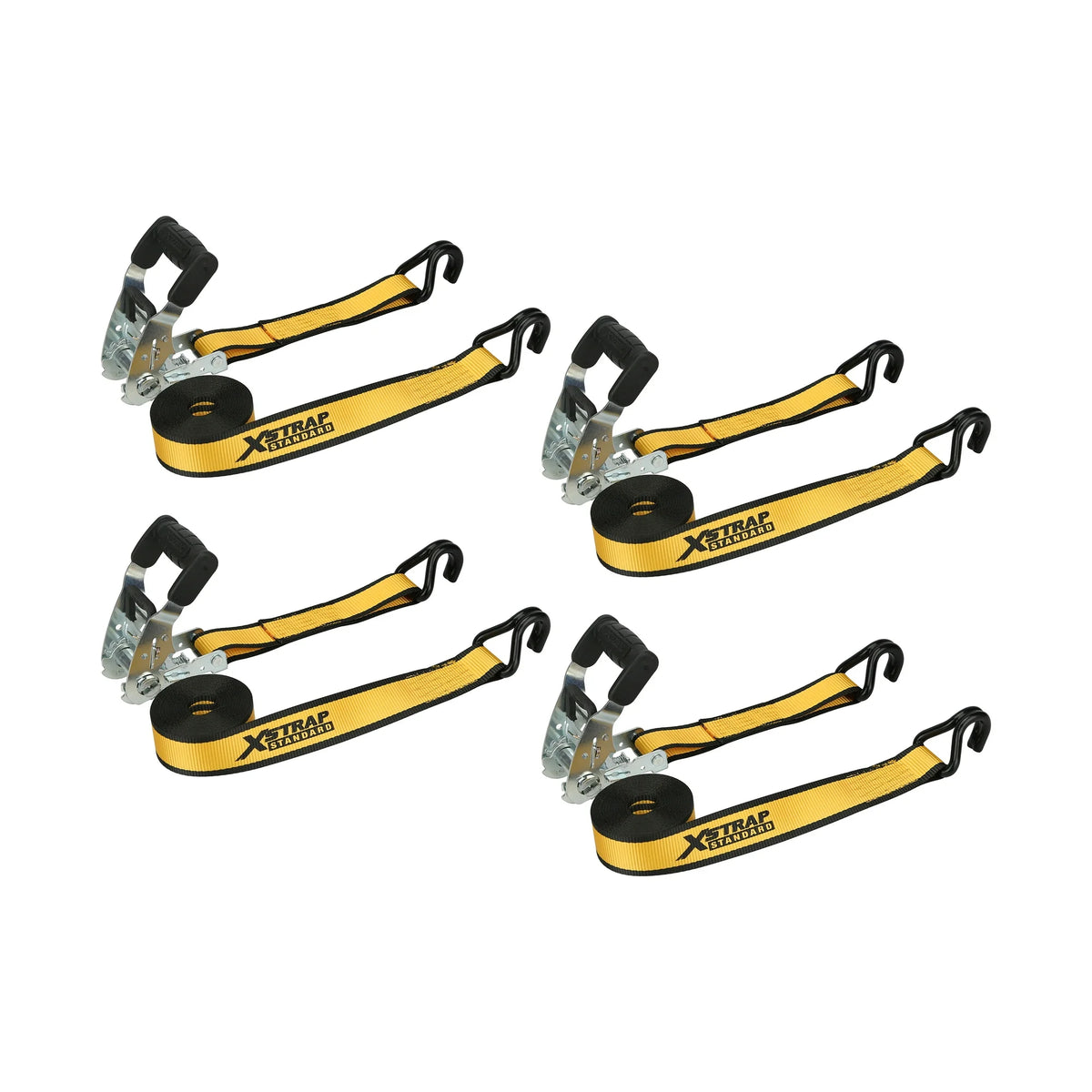Four yellow and black ratchet tie-down straps with rubber grip handles and J hooks