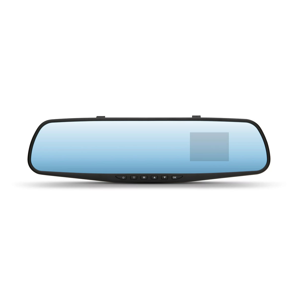 Front view of the mirror dash cam with power, menu, mode and OK buttons