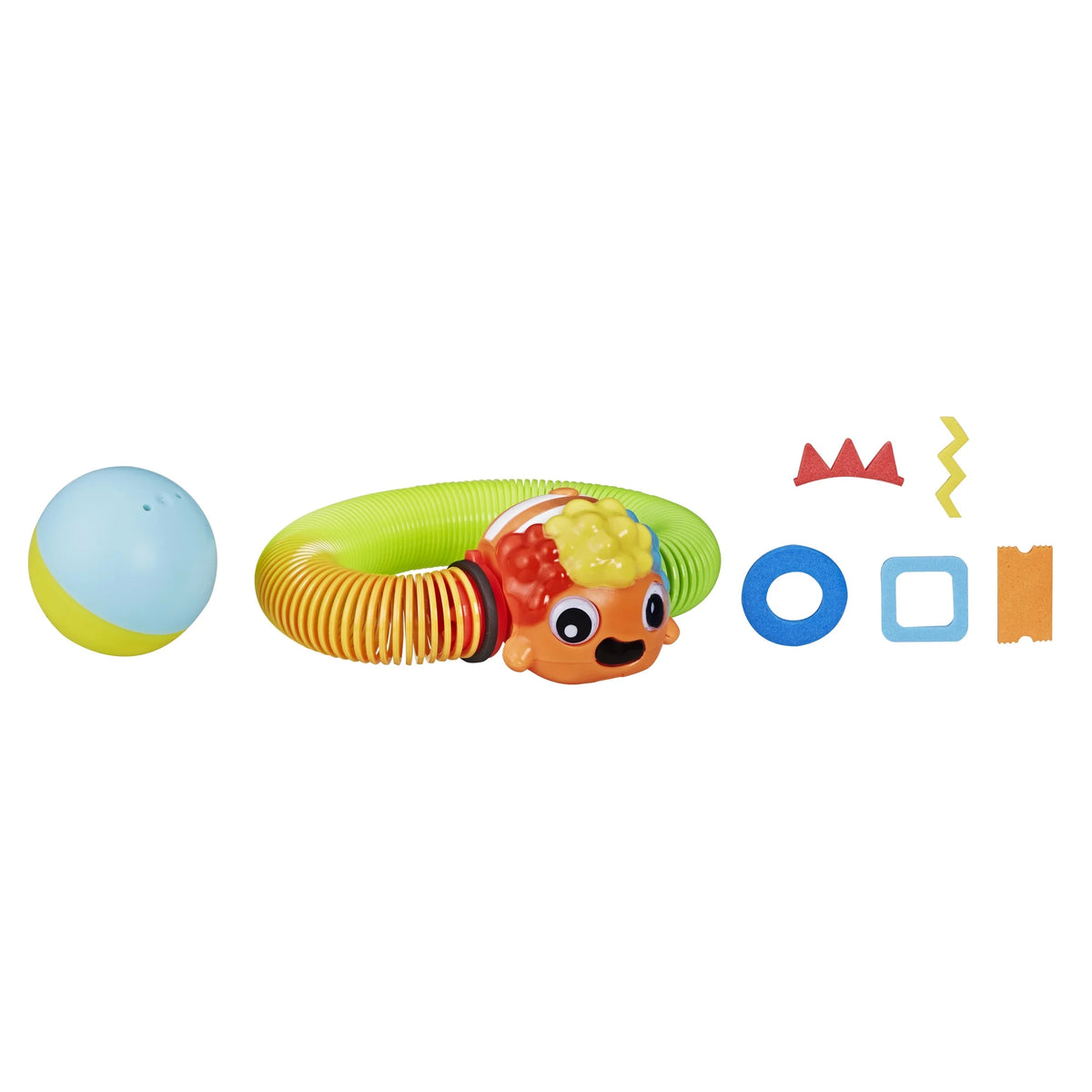 Orange clownfish toy on a rainbow spring loop beside a blue and yellow ball and foam shapes