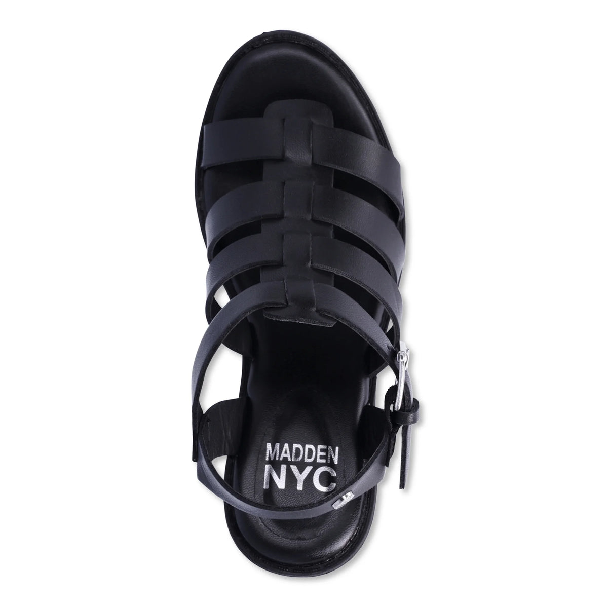 Top view of the black woven-strap sandal with silver buckle