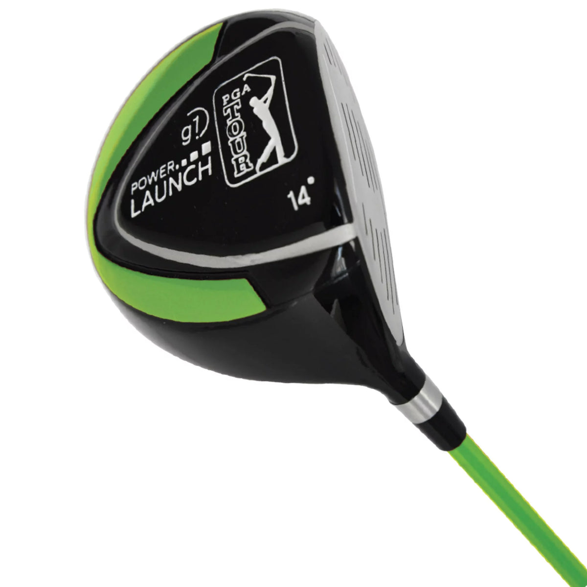 Close-up of the black and green G1 Power Launch 14 degree junior driver head
