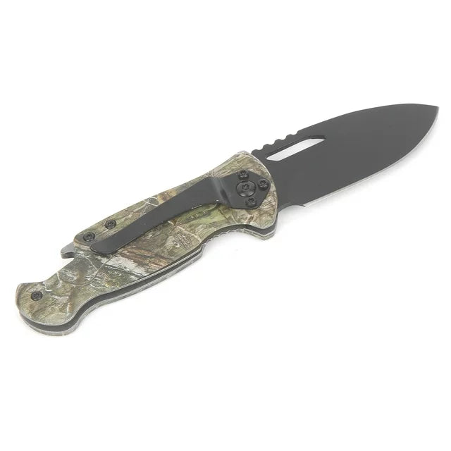 Back of the open camo knife showing the black pocket clip