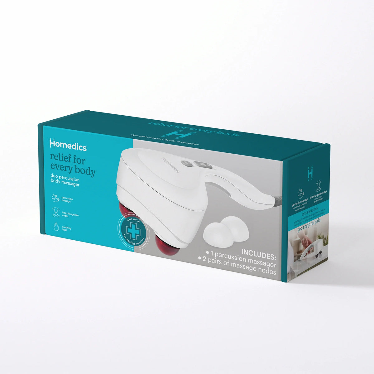 Teal and grey box for the duo percussion body massager with two pairs of nodes