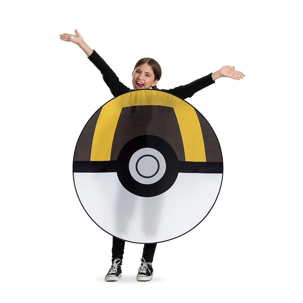 Excited girl with arms raised wearing the yellow and black pop-out ball costume