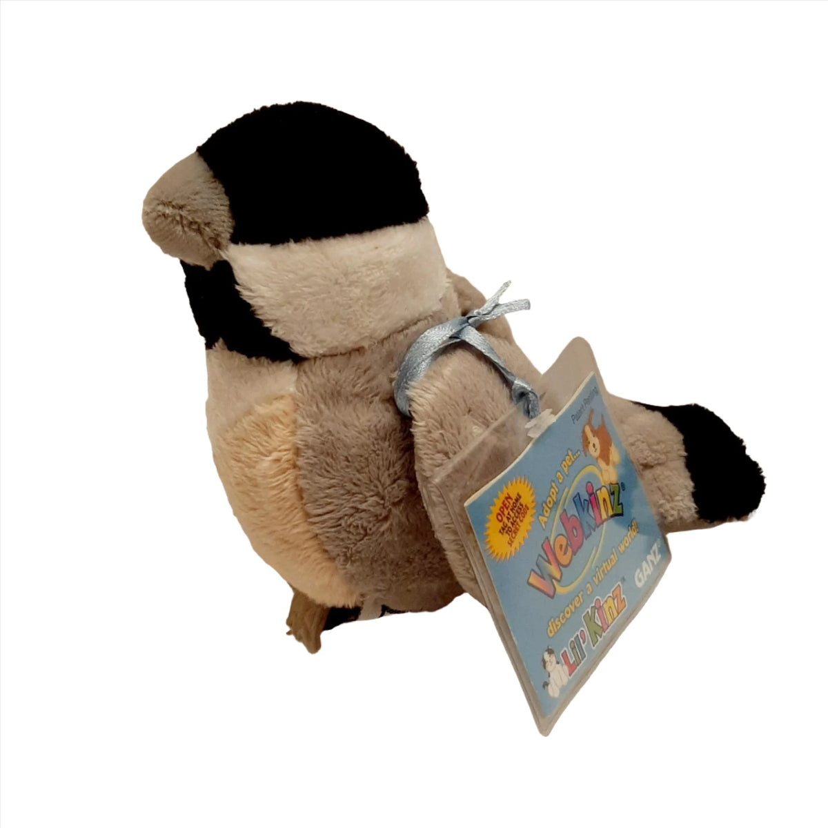 Small plush chickadee with a black cap, cream cheeks and tan body, with its blue adoption tag