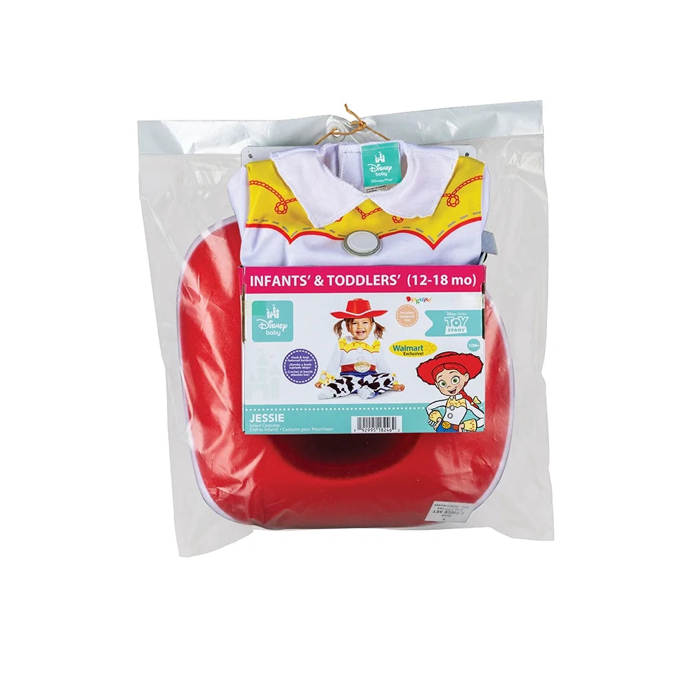 Cowgirl jumpsuit and red hat in a clear retail bag, infants and toddlers 12-18 months