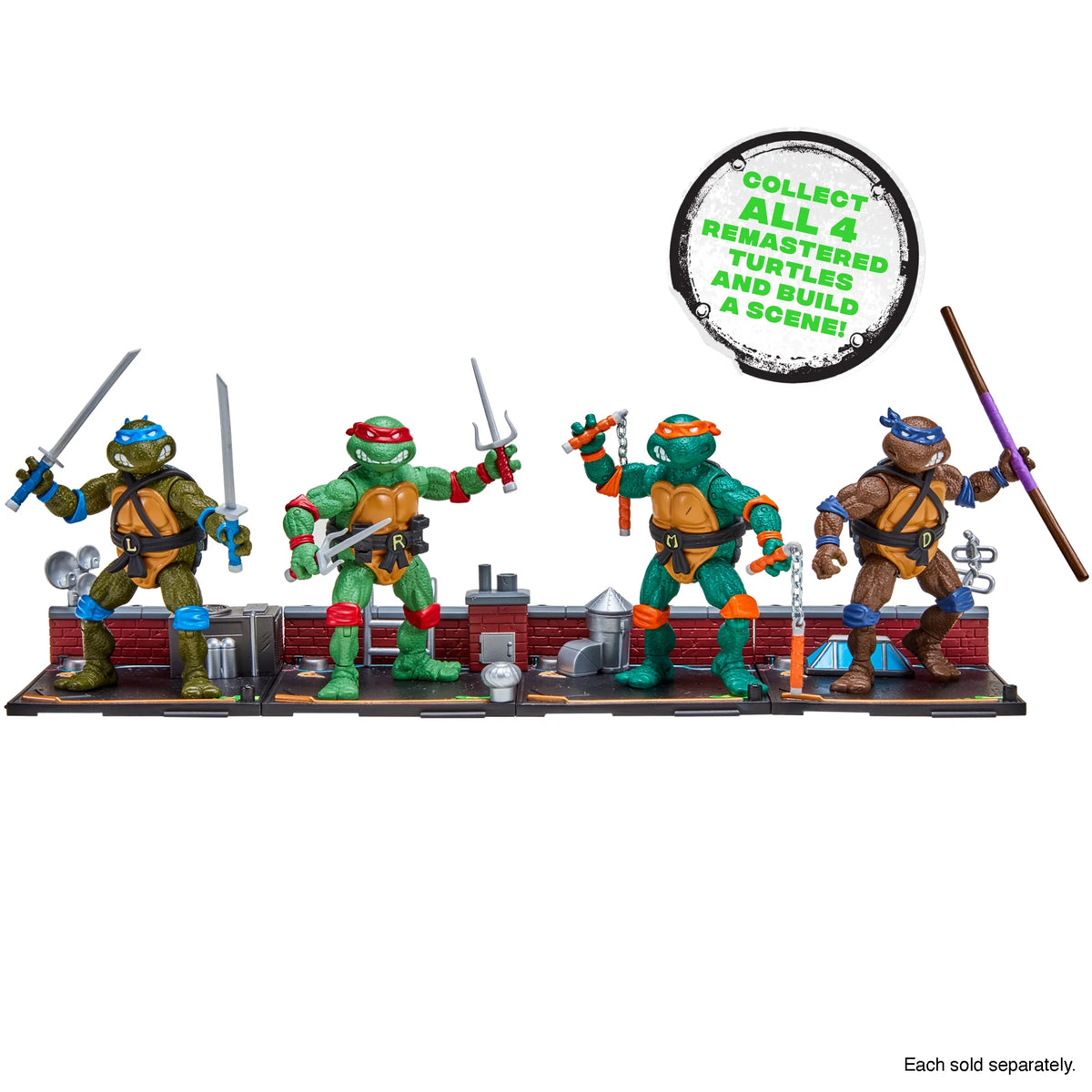 Four turtle figures lined up on connected brick rooftop bases