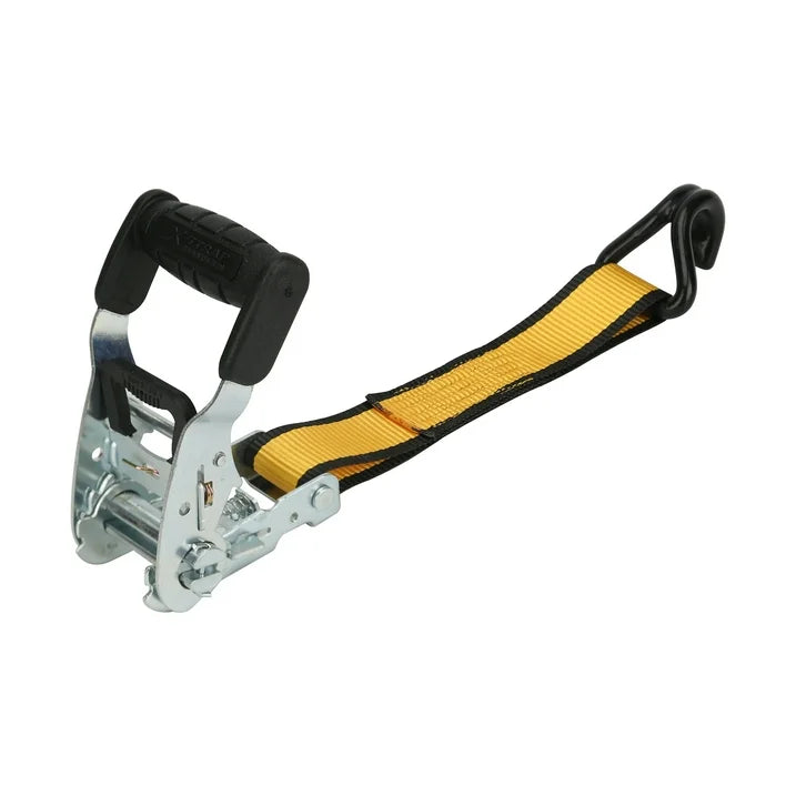 Close-up of the zinc ratchet buckle with a black rubber grip handle and J hook