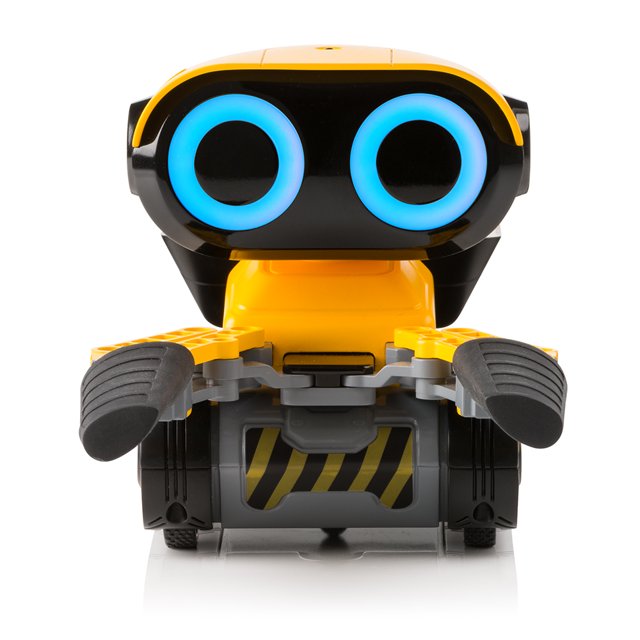 Front view of the yellow robot with blue ring eyes and black grabber claws