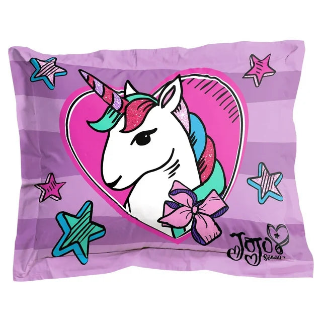 Purple sham with a white unicorn in a pink heart and stars