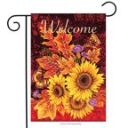 Red garden flag with sunflowers, autumn leaves and Welcome, on a stand
