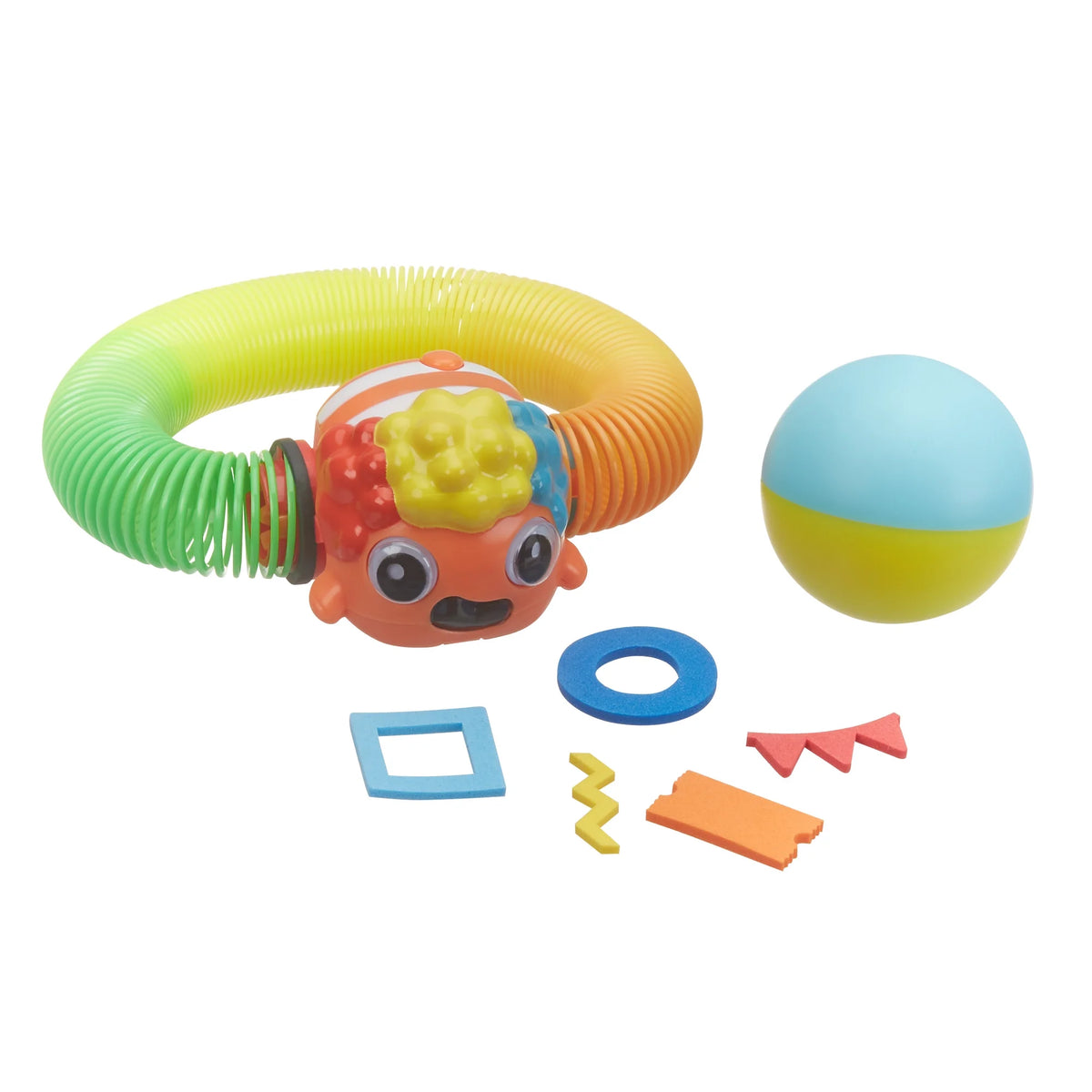 Clownfish spring toy beside its blue and yellow ball and five foam shapes