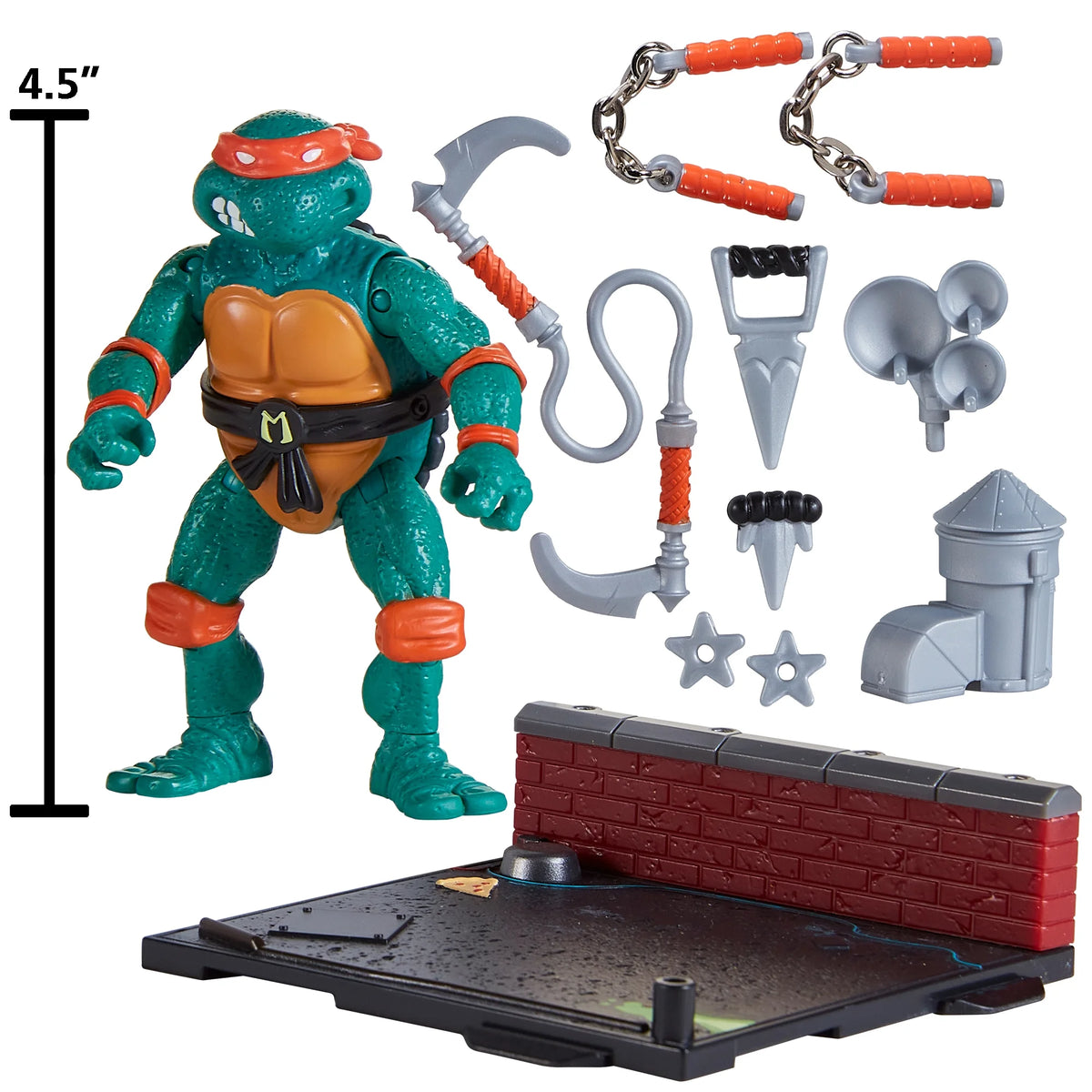 4.5 inch orange-masked turtle figure with nunchucks, hooks, water tower and brick wall base