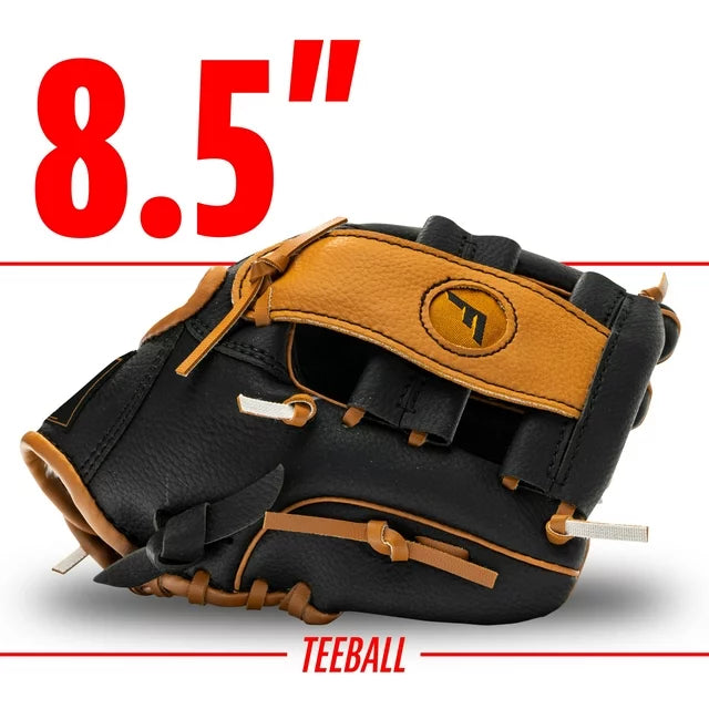 Black and tan glove lying in the grass beside a bat and ball