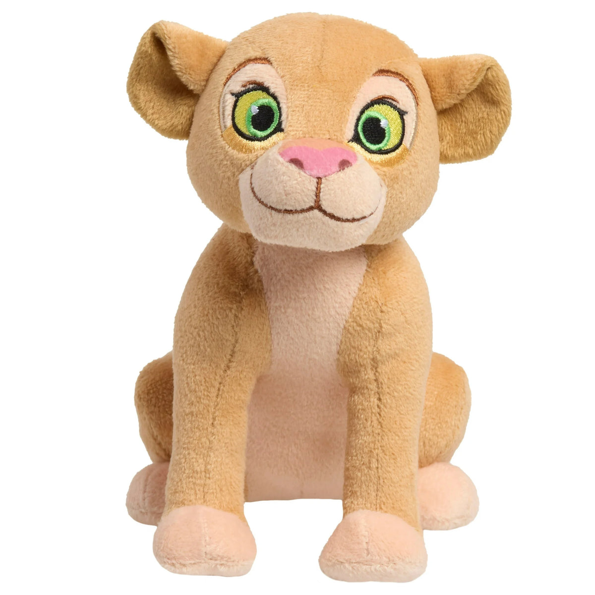 Tan plush lion cub with green eyes and a pink nose, sitting