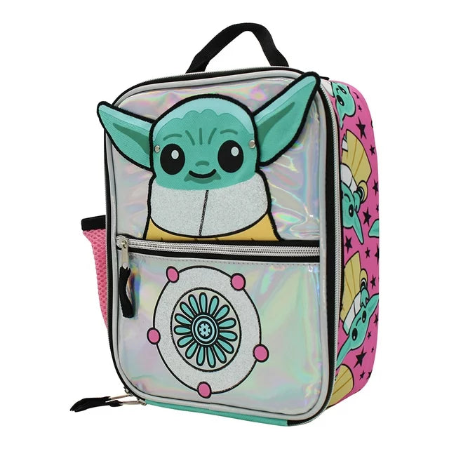 Angled holographic Grogu lunch bag showing the pink star-print side
