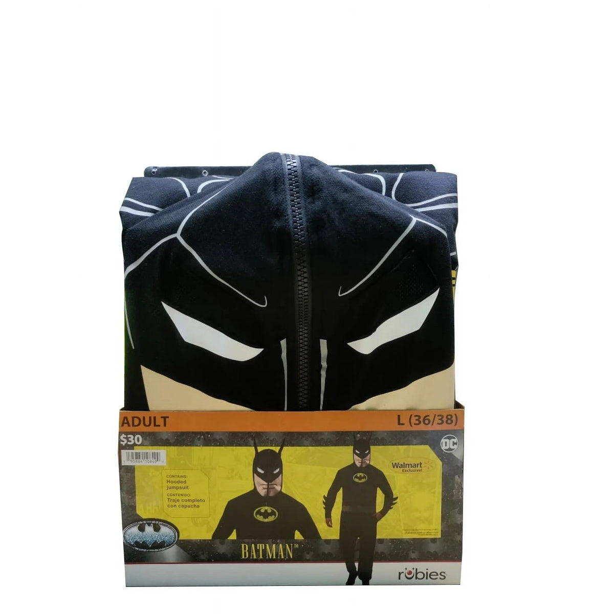 Folded bat hero onesie in its retail sleeve showing the masked hood and costume photos