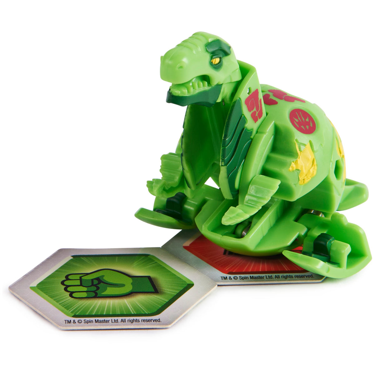 Opened green Neo Trox dinosaur Bakugan on two hex tokens