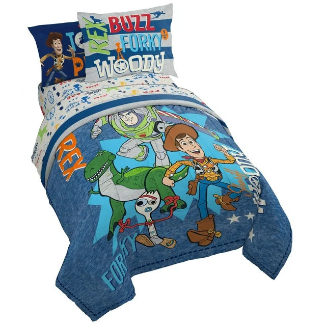 Grey and blue striped sham reading Rex, Buzz, Forky, Woody