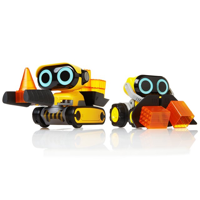 Yellow tracked robot beside a smaller wheeled robot pushing orange blocks