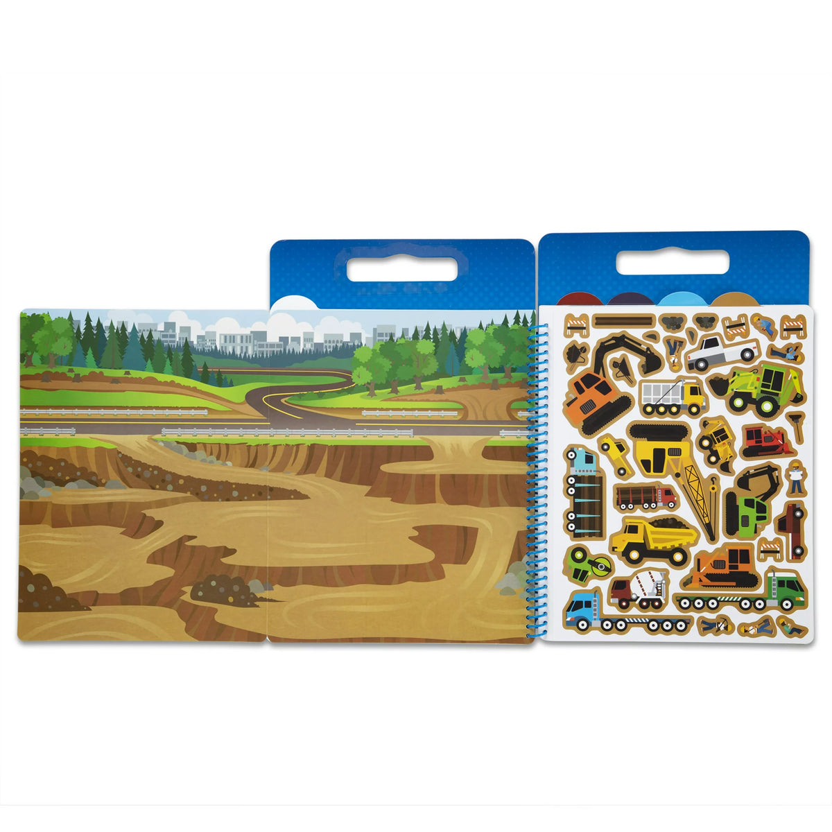 Fold-out construction site scene with a sheet of digger and dump truck stickers