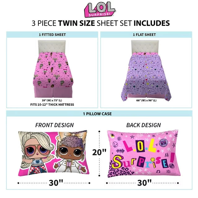 Set contents: fitted sheet, flat sheet and two-sided pillowcase with sizes