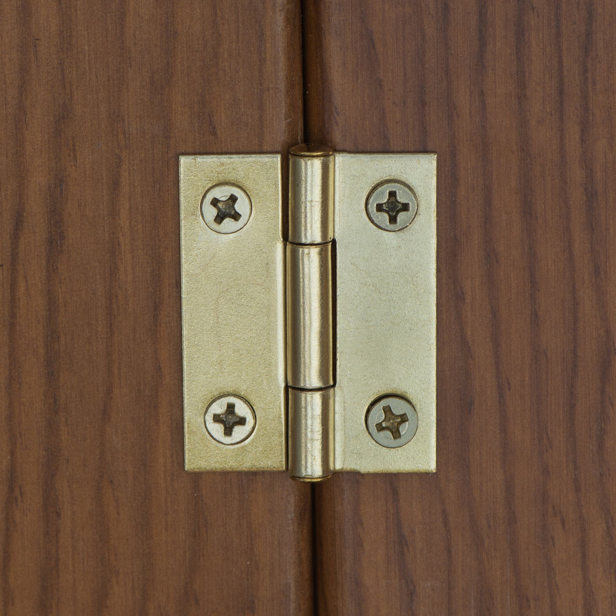 Brass utility hinge screwed across two dark wood panels with four Phillips screws