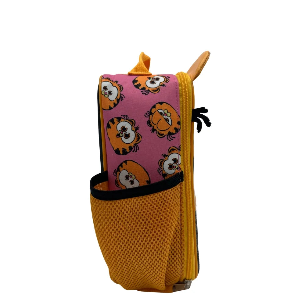 Side of the lunch bag with mesh water bottle pocket and pink print