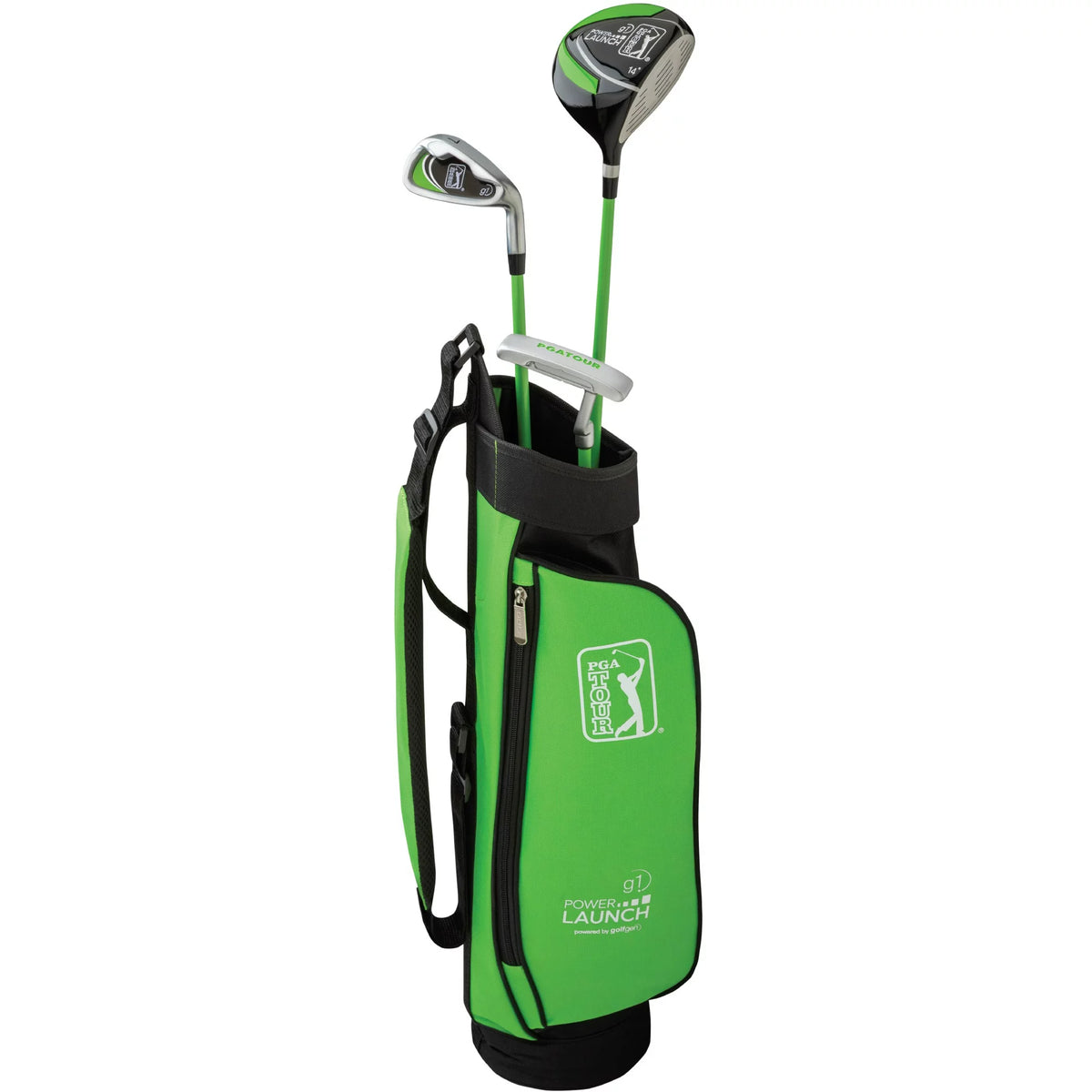 Green PGA Tour G1 junior golf bag with driver, iron and putter with green shafts