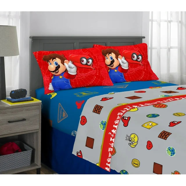 Super Mario Full Sheet Set, Gaming Bedding, Gray and Red, Nintendo