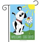 Sky blue garden flag with a white spotted dog, a daisy and Welcome Dog Days text