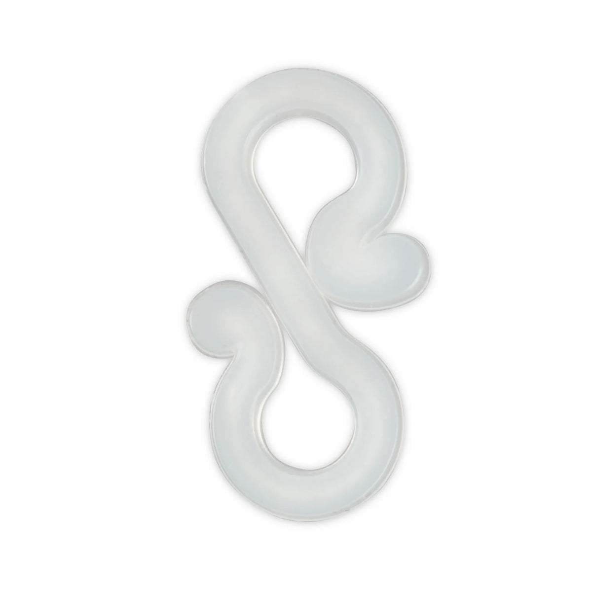 Flat view of the frosted clear S-shaped light hook with two curled tabs