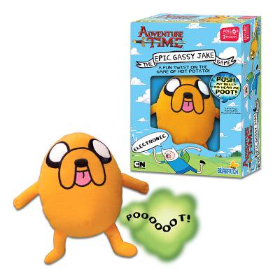 Plush Jake the dog toy making a green poot cloud beside the Epic Gassy Jake game box