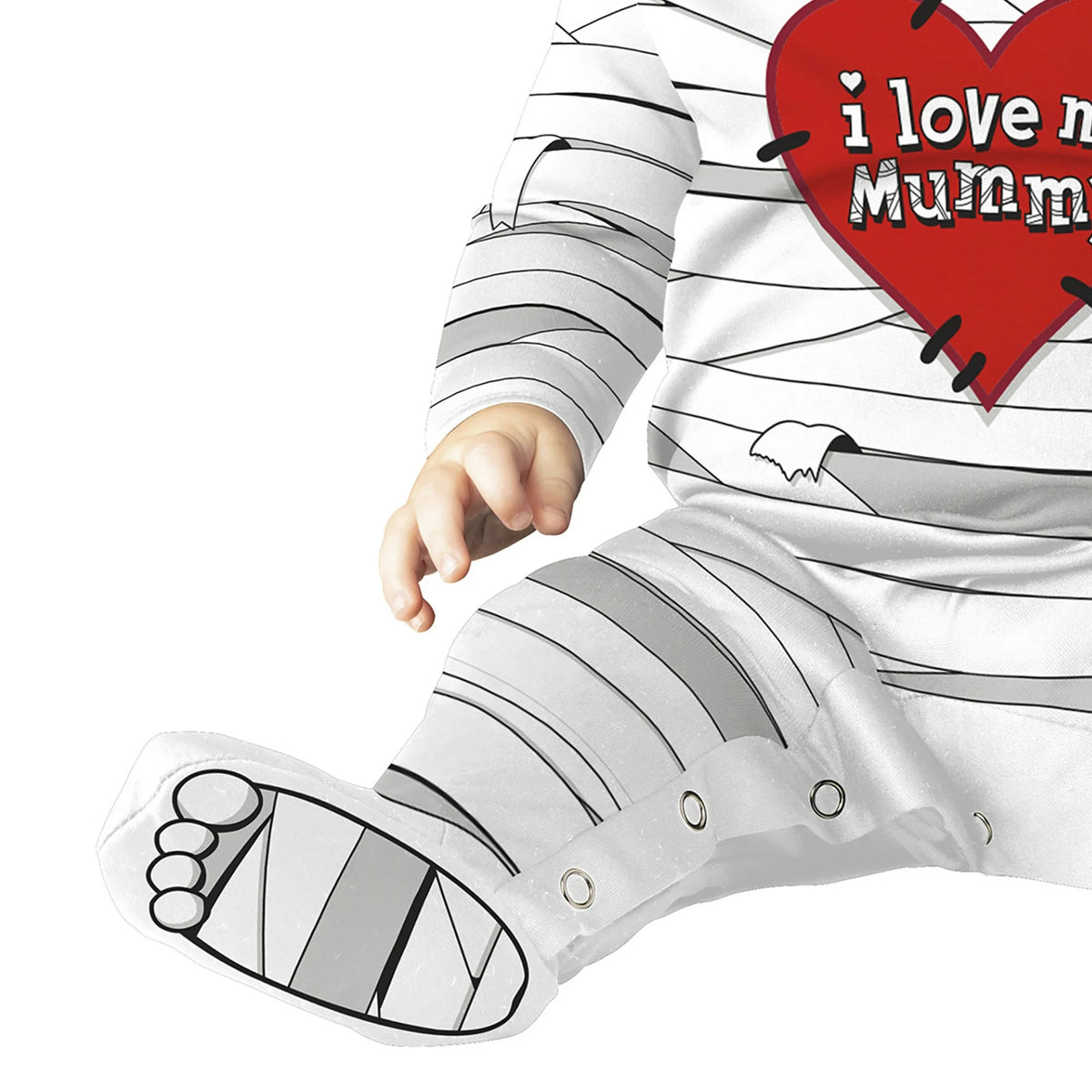 Side view of the bandage-print jumpsuit leg with snaps and a cartoon toe foot