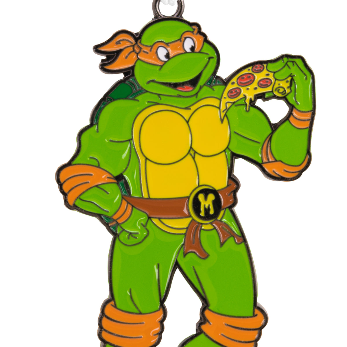 Close-up of the glossy enamel turtle holding a cheesy pepperoni slice