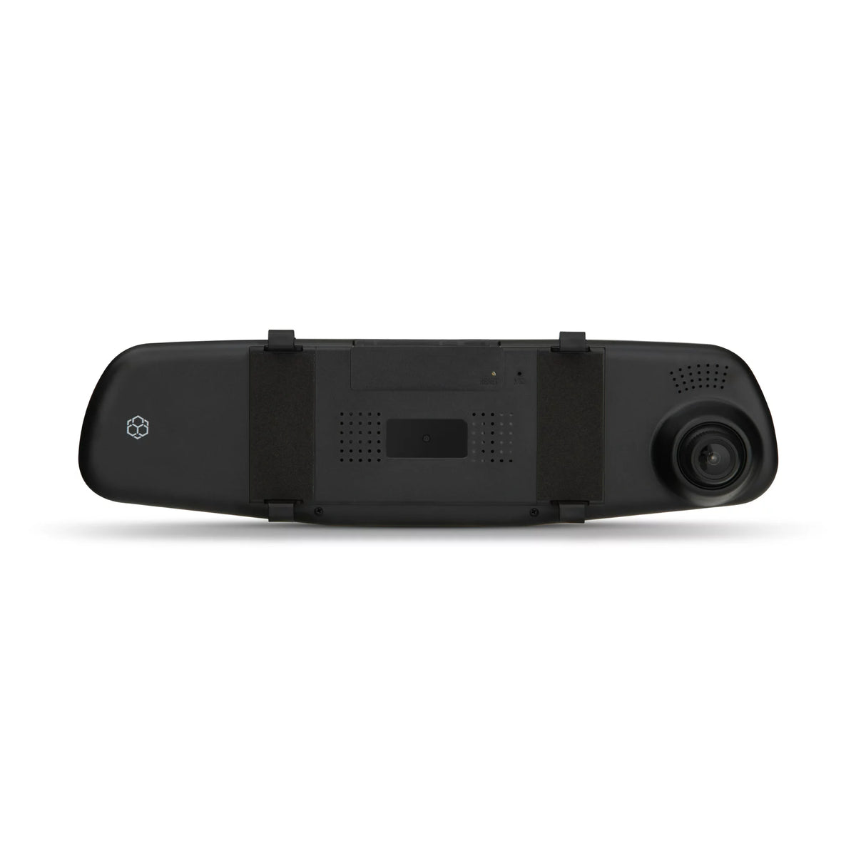 Back of the mirror dash cam showing the camera lens, speaker and rubber straps