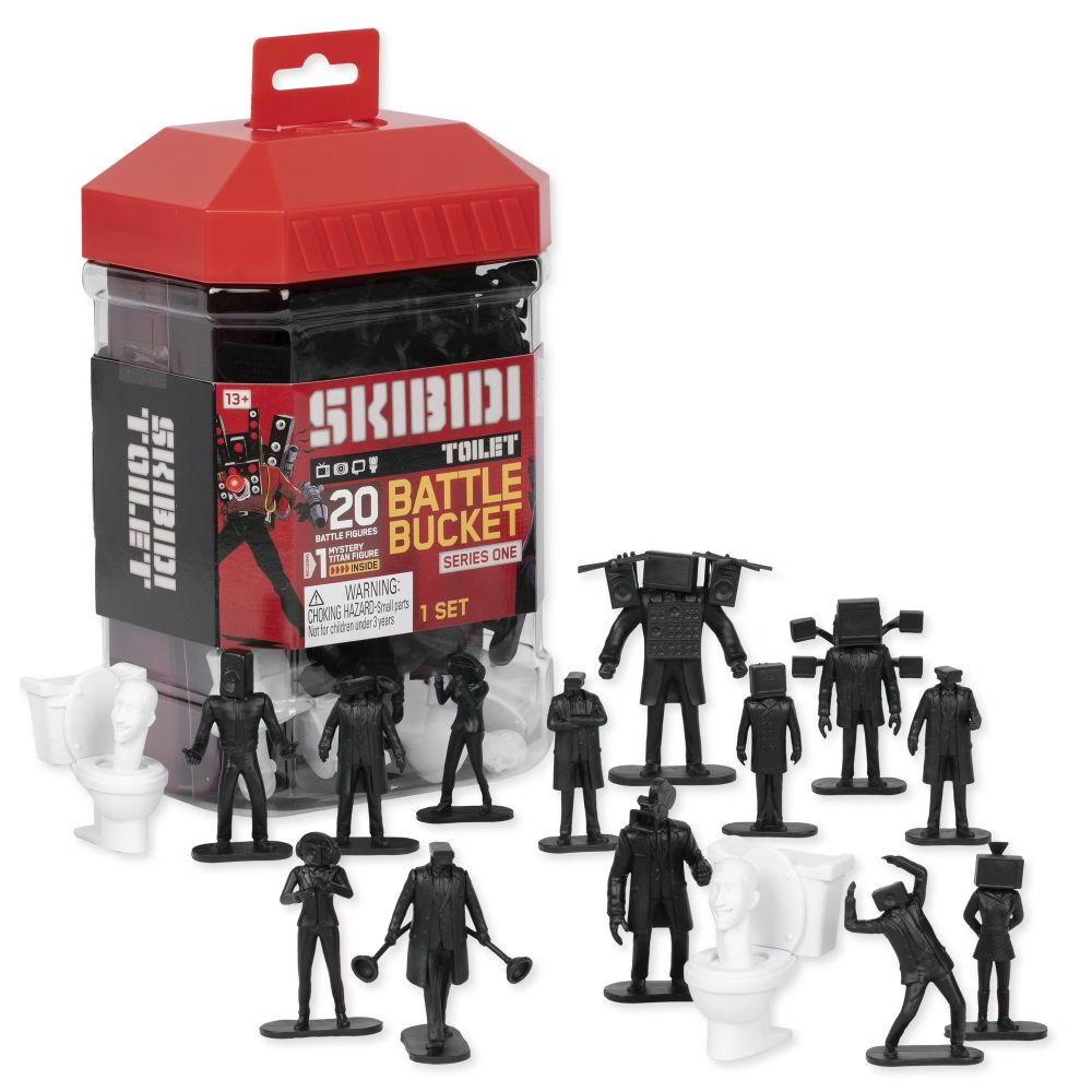 Battle Bucket with black camera, speaker and TV figures and white toilet figures lined up in front