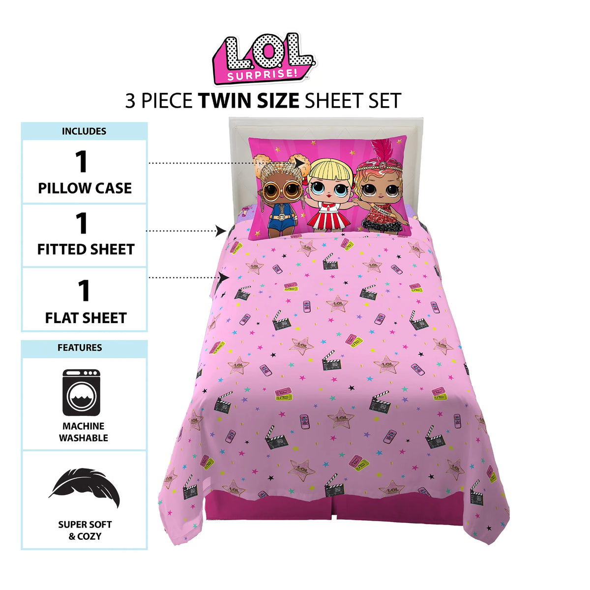 Pink star and clapboard sheet set with a three-doll pillowcase