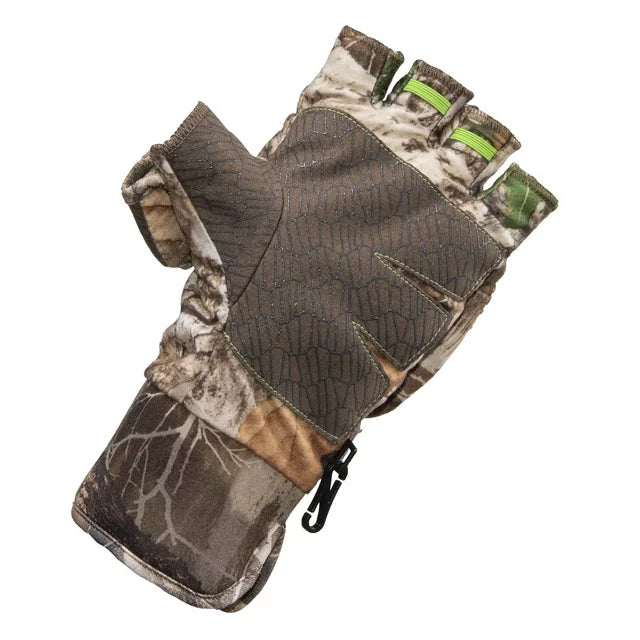 Camo fingerless glove with green fingertip trim and brown grip palm