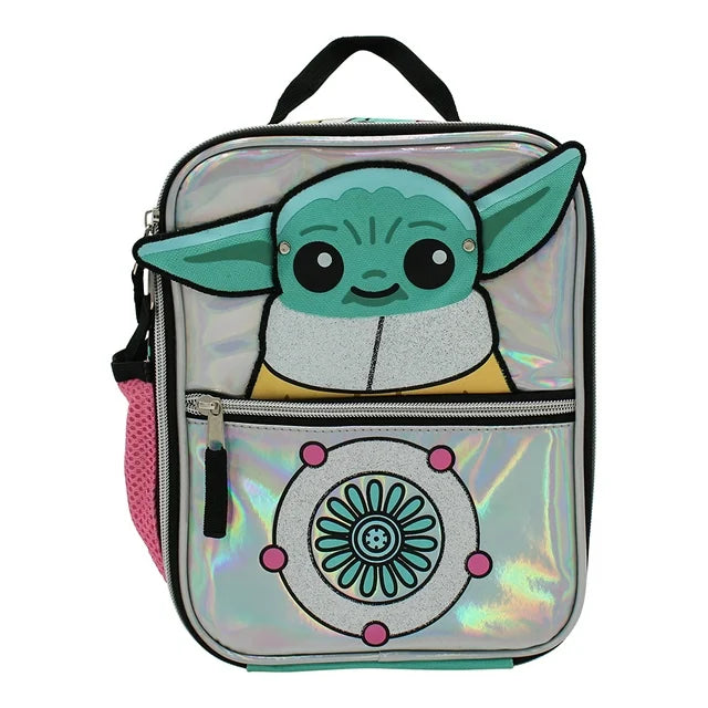 Front of the silver Grogu lunch bag with a glitter emblem on the zip pocket